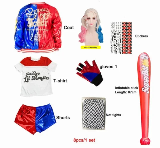 Kids Harleen Quinzel Joker Cosplay Set, Party Outfit with Jacket, Pants & T-shirt