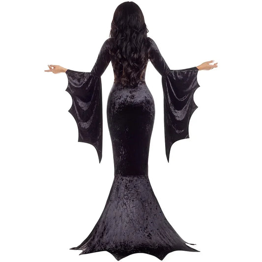 Morticia Addams Gothic Dress – Long Train Bat Sleeve Halloween Outfit