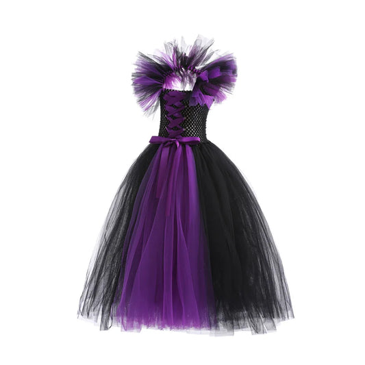 Girls Maleficent Cosplay Costume, Handmade Woven Tulle Dress, Luxury Halloween Gown