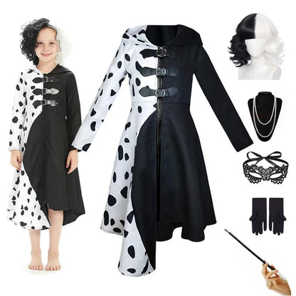 Kids Cruella Deville Costume, Black Dalmatian Jumpsuit, Halloween Party Dress for Girls (4-12 Years)