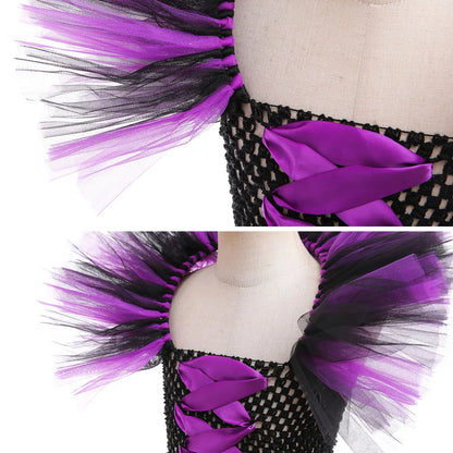 Girls Maleficent Cosplay Costume, Handmade Woven Tulle Dress, Luxury Halloween Gown