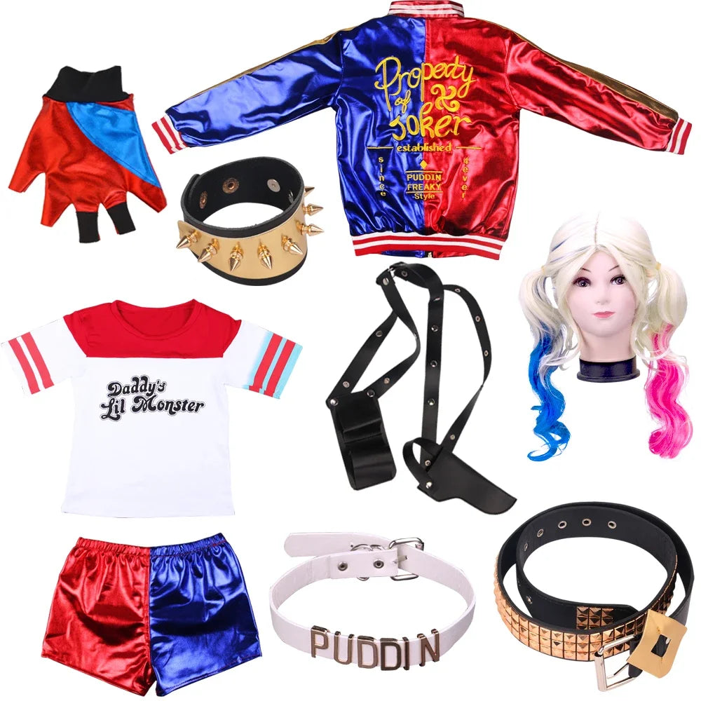 Adult Women's Joker Cosplay Costume, Halloween Party Outfit with Wig, T-shirt & Jacket