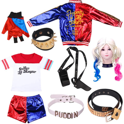 Adult Women's Joker Cosplay Costume, Halloween Party Outfit with Wig, T-shirt & Jacket