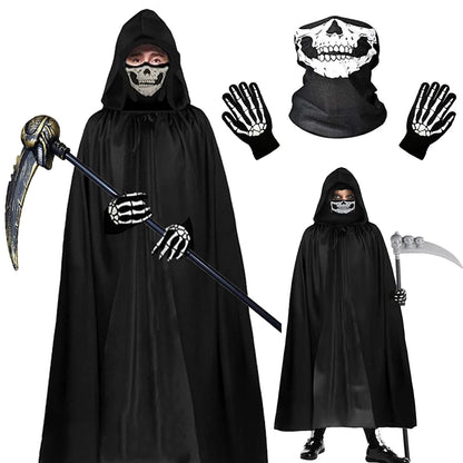 Halloween Horror Props Grim Reaper Cape, Skull Mask, Gloves, Scythe for Adults & Kids