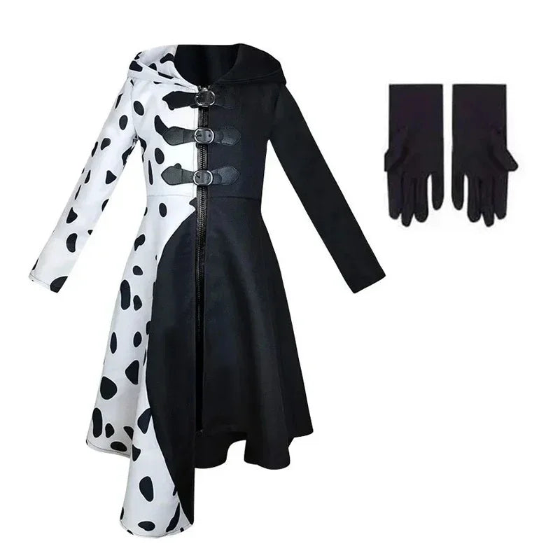 Kids Cruella Deville Costume, Black Dalmatian Jumpsuit, Halloween Party Dress for Girls (4-12 Years)