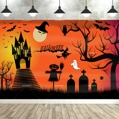 Halloween Backdrop with Horror Moon, Cemetery & Pumpkin Lantern for Parties & Photos