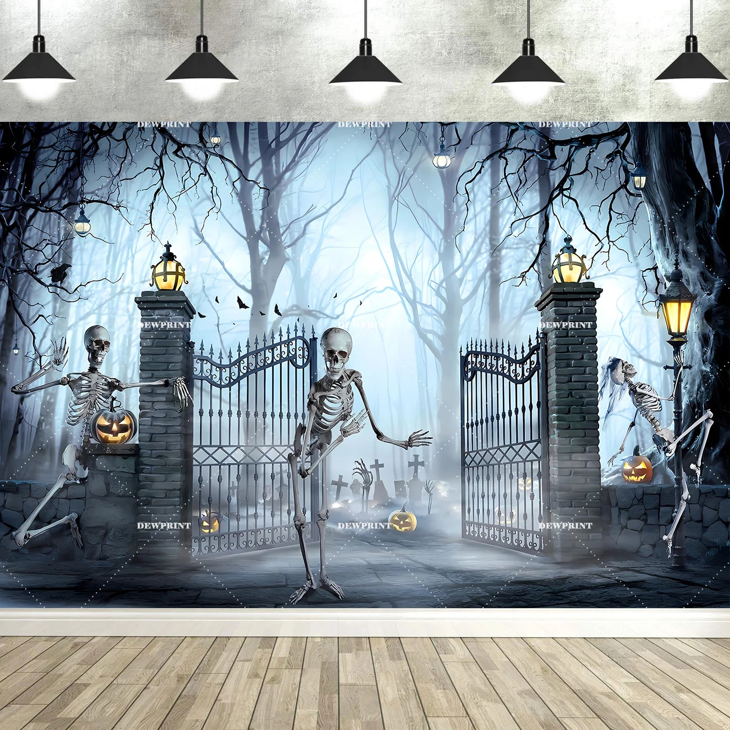 Halloween Backdrop with Horror Moon, Cemetery & Pumpkin Lantern for Parties & Photos