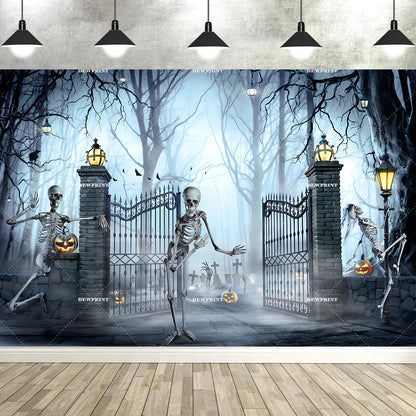 Halloween Backdrop with Horror Moon, Cemetery & Pumpkin Lantern for Parties & Photos