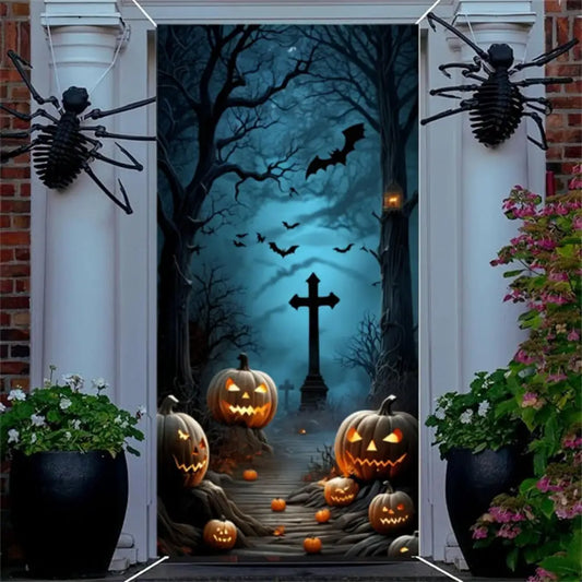 Halloween Door Cover Banner Scary Moon, Tree & Pumpkins Cemetery Decoration