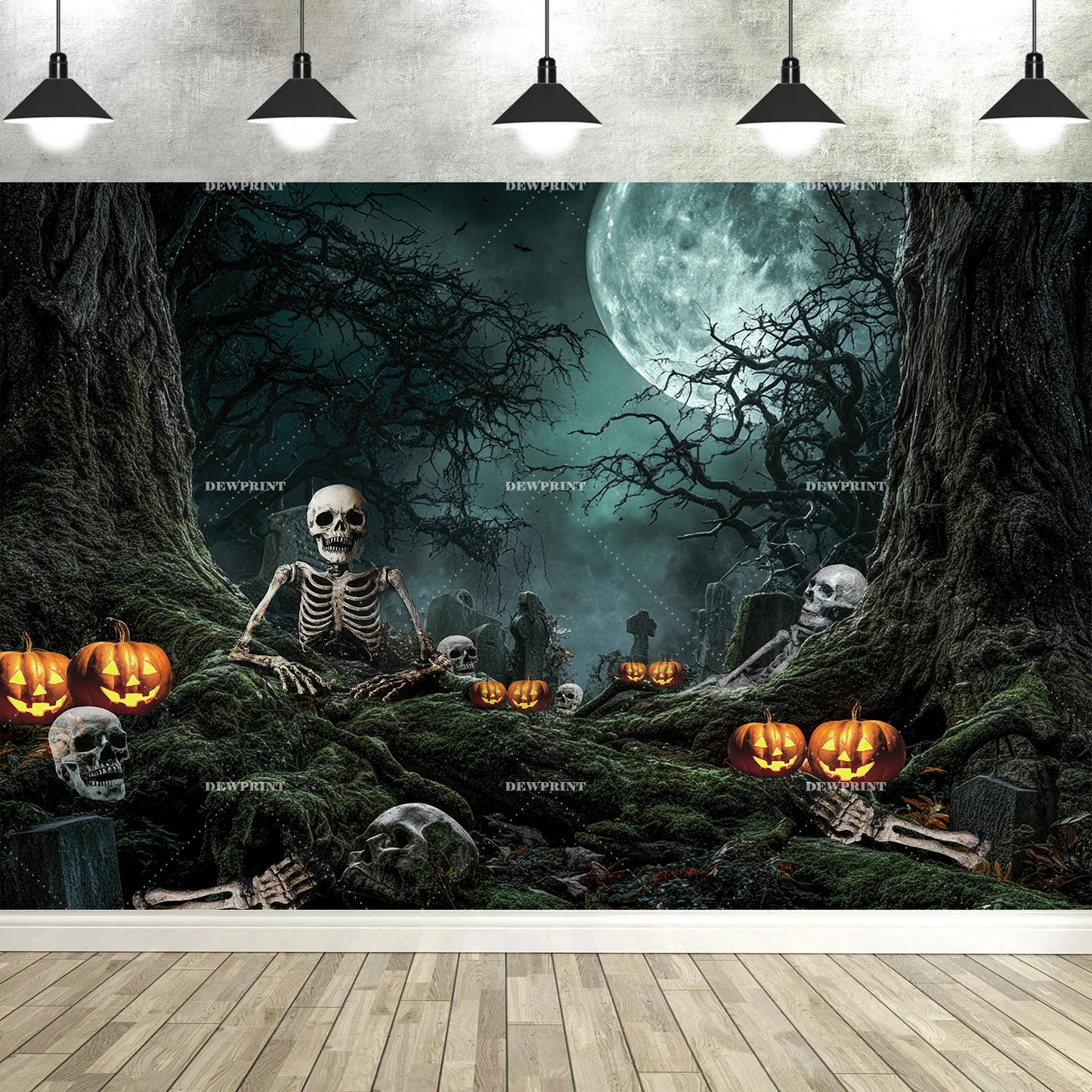 Halloween Backdrop with Horror Moon, Cemetery & Pumpkin Lantern for Parties & Photos