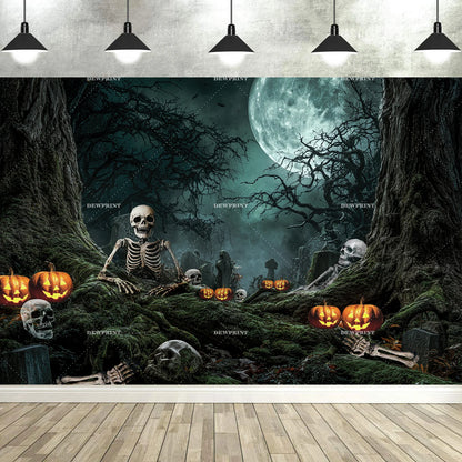 Halloween Backdrop with Horror Moon, Cemetery & Pumpkin Lantern for Parties & Photos