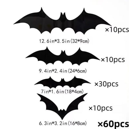 Halloween 3D Bat Wall Stickers, Black PVC Bats, Scary Party Decor