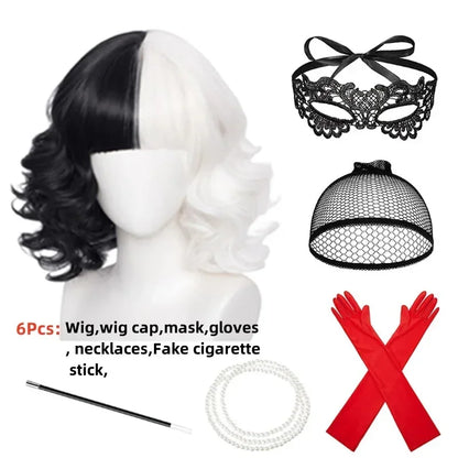 Kids Cruella Deville Costume, Black Dalmatian Jumpsuit, Halloween Party Dress for Girls (4-12 Years)