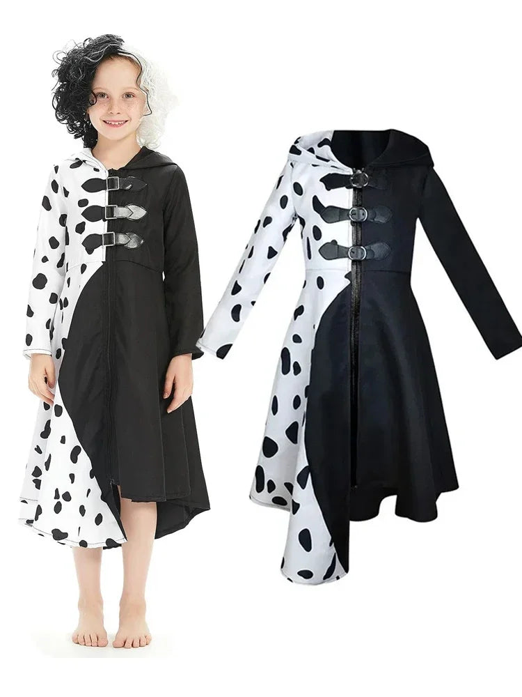 Kids Cruella Deville Costume, Black Dalmatian Jumpsuit, Halloween Party Dress for Girls (4-12 Years)