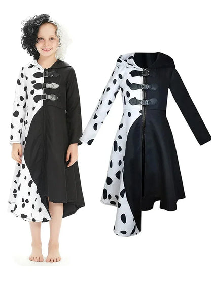 Kids Cruella Deville Costume, Black Dalmatian Jumpsuit, Halloween Party Dress for Girls (4-12 Years)
