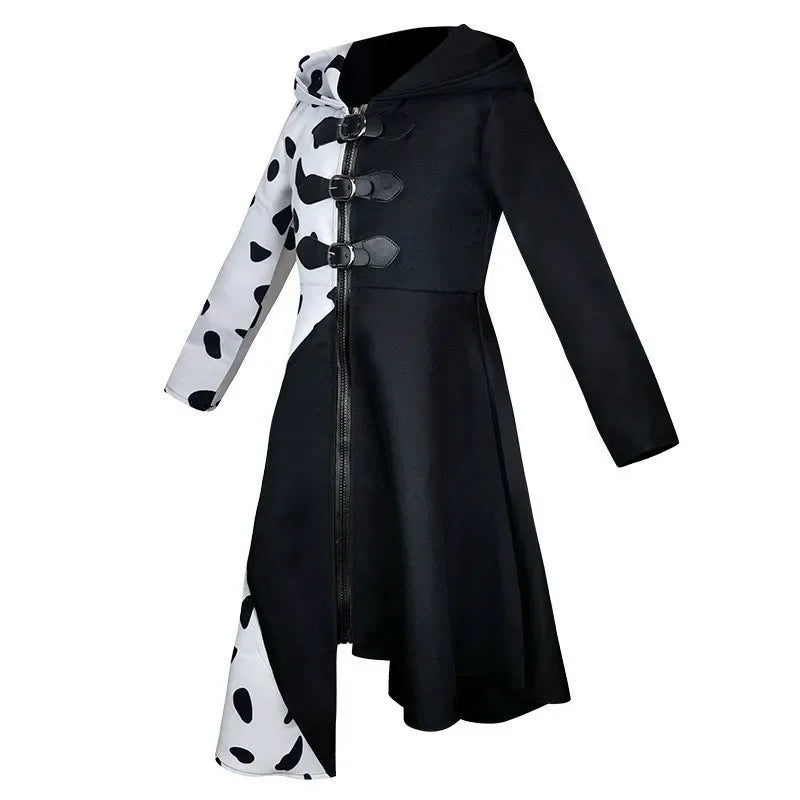 Kids Cruella Deville Costume, Black Dalmatian Jumpsuit, Halloween Party Dress for Girls (4-12 Years)