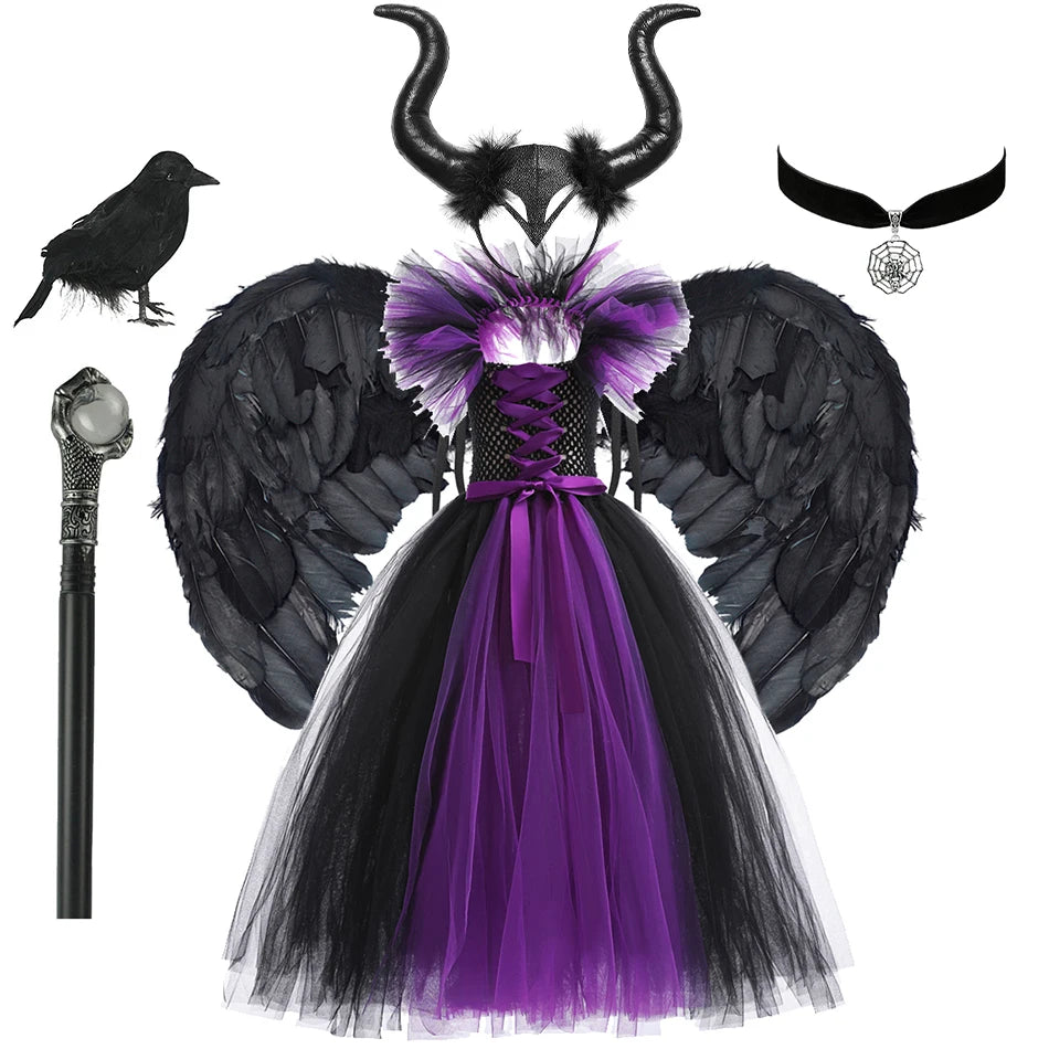 Girls Maleficent Cosplay Costume, Handmade Woven Tulle Dress, Luxury Halloween Gown