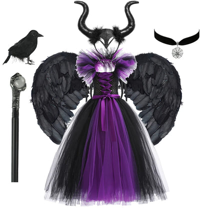 Girls Maleficent Cosplay Costume, Handmade Woven Tulle Dress, Luxury Halloween Gown