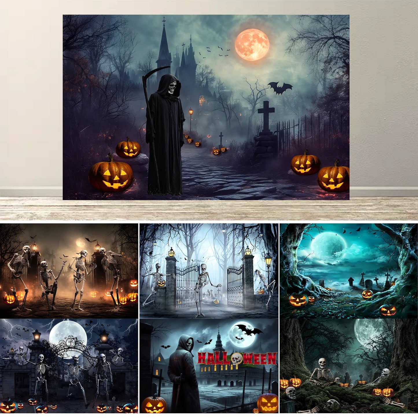 Halloween Backdrop with Horror Moon, Cemetery & Pumpkin Lantern for Parties & Photos