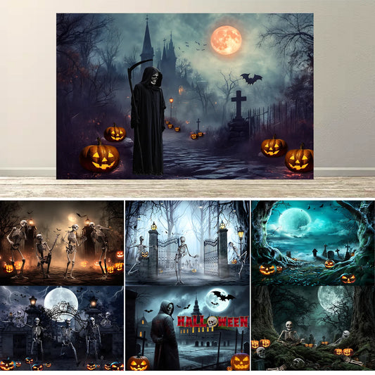 Halloween Backdrop with Horror Moon, Cemetery & Pumpkin Lantern for Parties & Photos