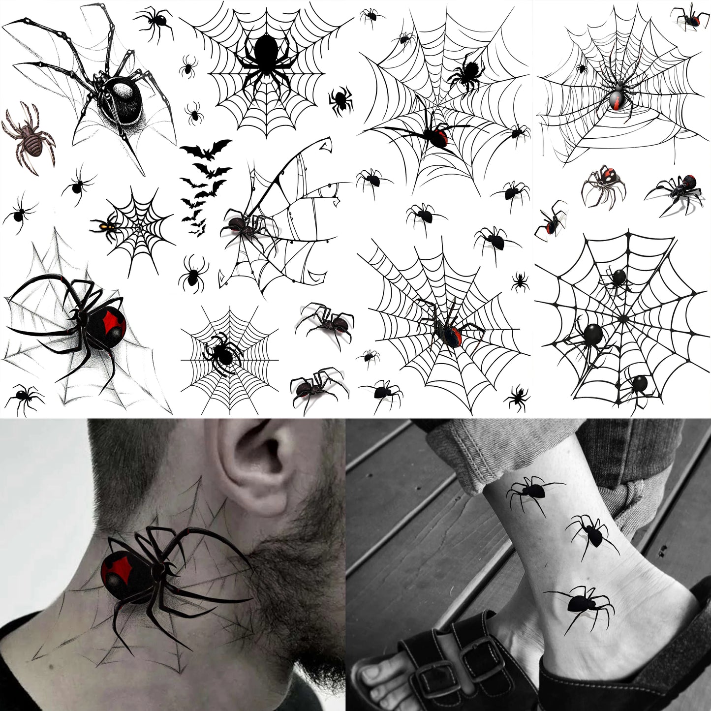 8 Sheets Realistic 3D Spider & Spiderweb Temporary Tattoos for Halloween