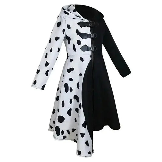 Kids Cruella Deville Costume, Black Dalmatian Jumpsuit, Halloween Party Dress for Girls (4-12 Years)