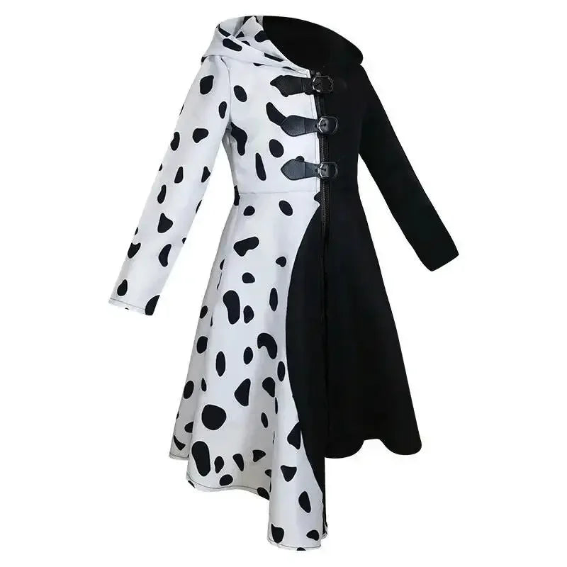 Kids Cruella Deville Costume, Black Dalmatian Jumpsuit, Halloween Party Dress for Girls (4-12 Years)