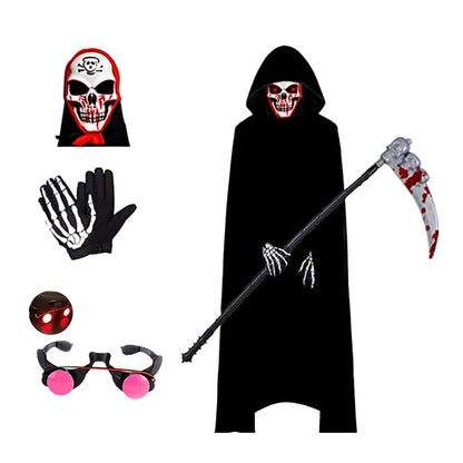 Grim Reaper Costume for Kids – Glowing Red Eyes, Gloves & Mask