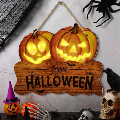 Light-Up Wooden Halloween Sign with Two Jack-O'-Lanterns for Home Decoration