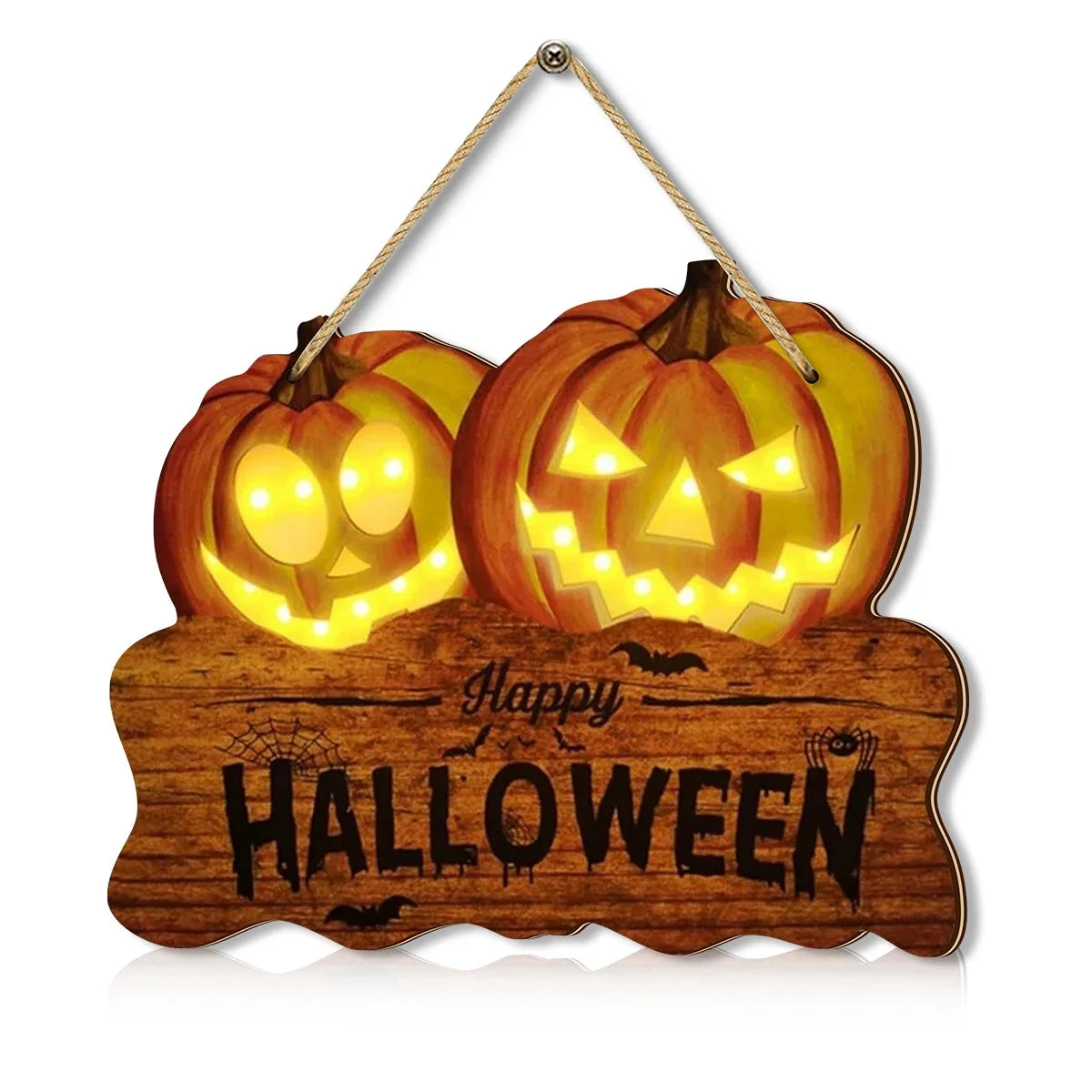 Light-Up Wooden Halloween Sign with Two Jack-O'-Lanterns for Home Decoration