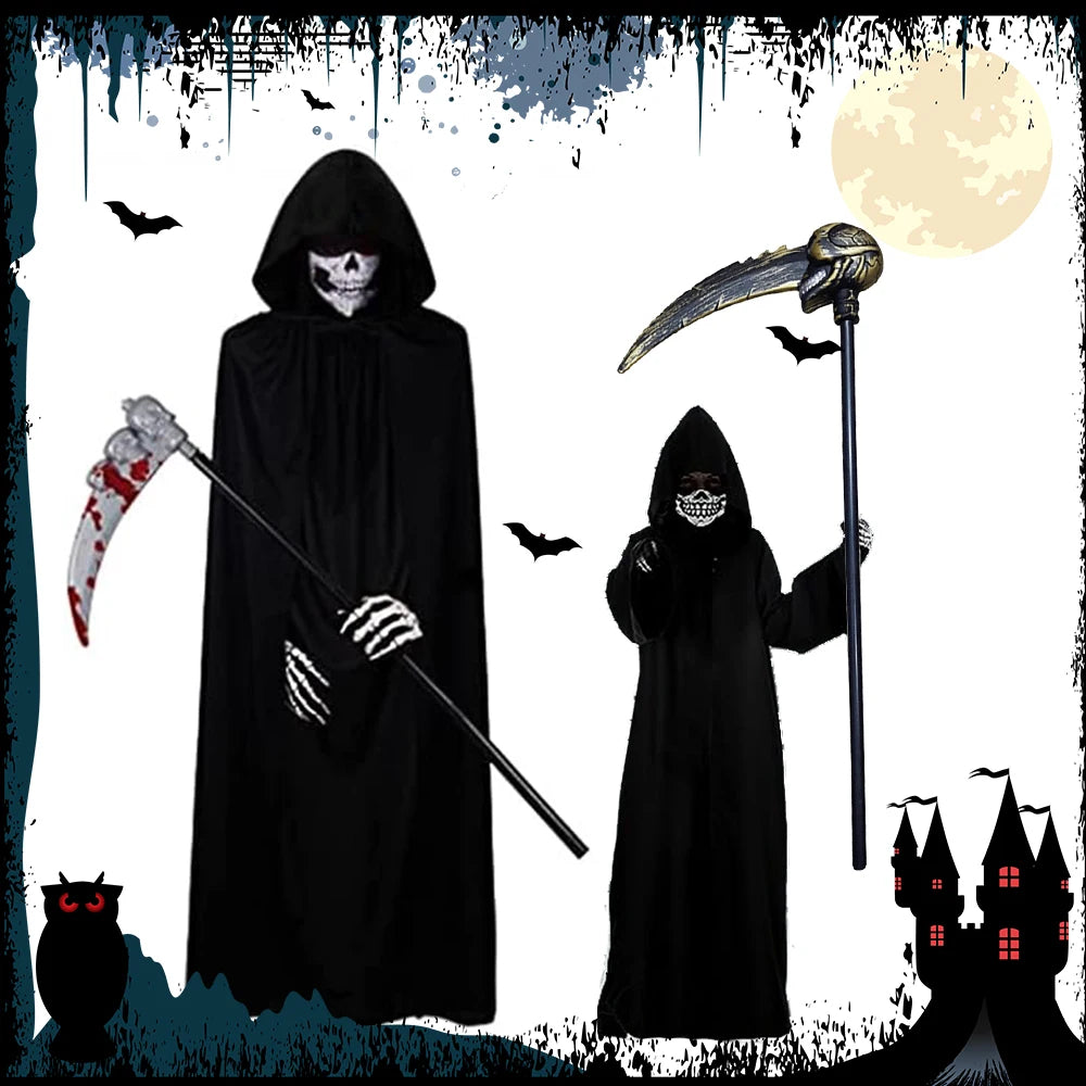 Halloween Horror Props Grim Reaper Cape, Skull Mask, Gloves, Scythe for Adults & Kids