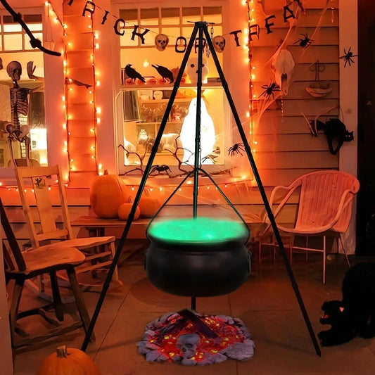 7.87" Witch's Cauldron with Tripod & Lights Halloween Candy Bucket Decoration