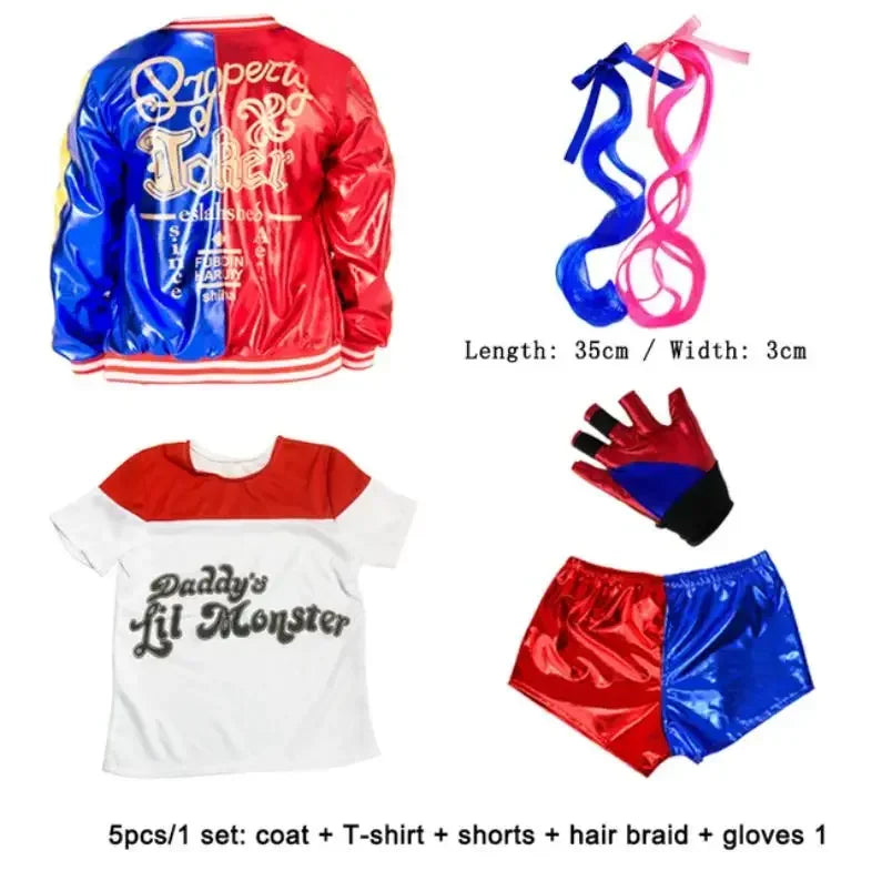 Kids Harleen Quinzel Joker Cosplay Set, Party Outfit with Jacket, Pants & T-shirt