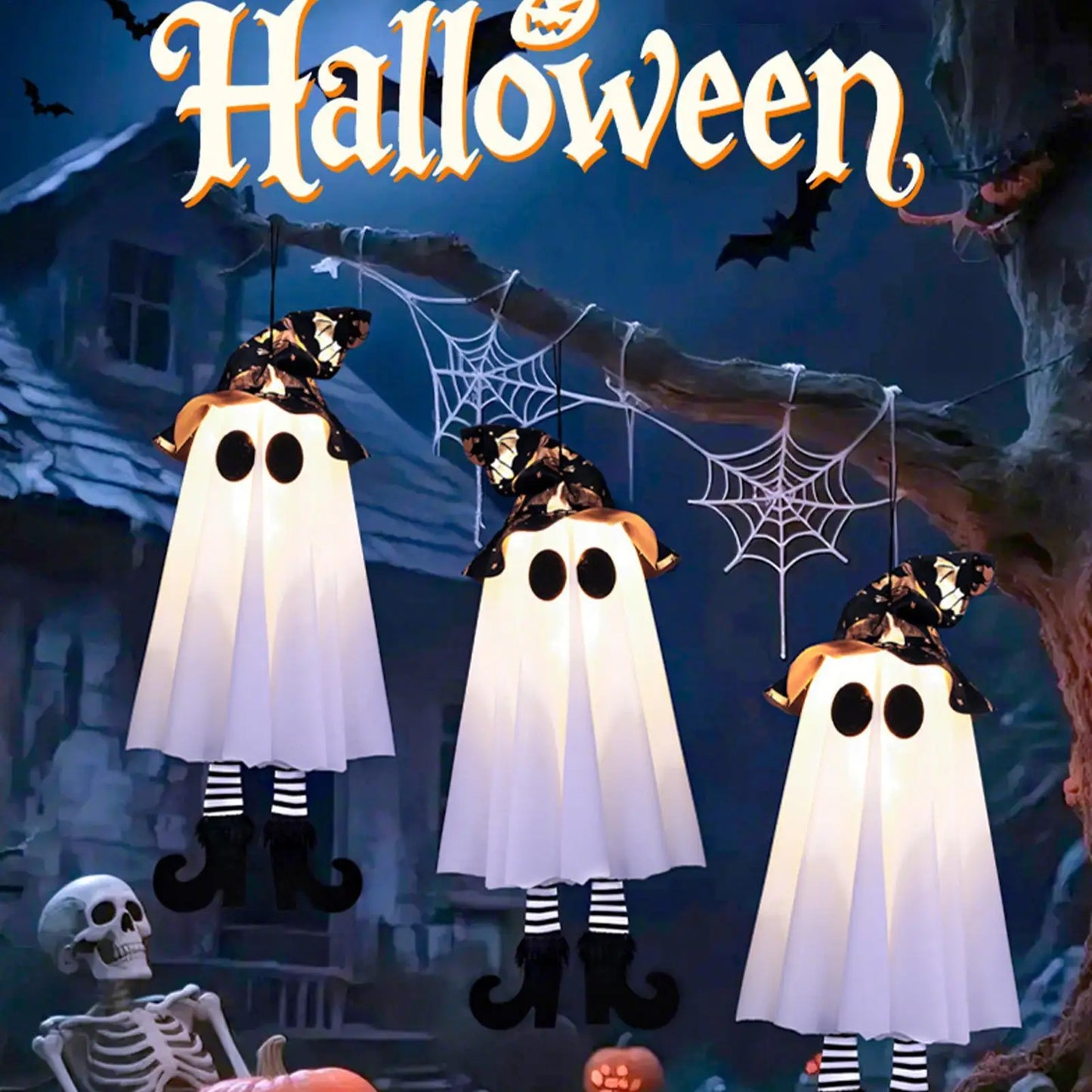 LED Light-Up Witch Ghost Halloween Hanging Ornament for Home & Yard Decoration