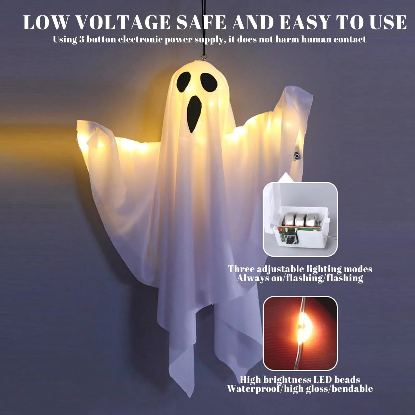 Halloween Light-Up Hanging Ghost Decorations for Tree, Window & Wall (50x40cm)