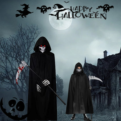 Halloween Horror Props Grim Reaper Cape, Skull Mask, Gloves, Scythe for Adults & Kids