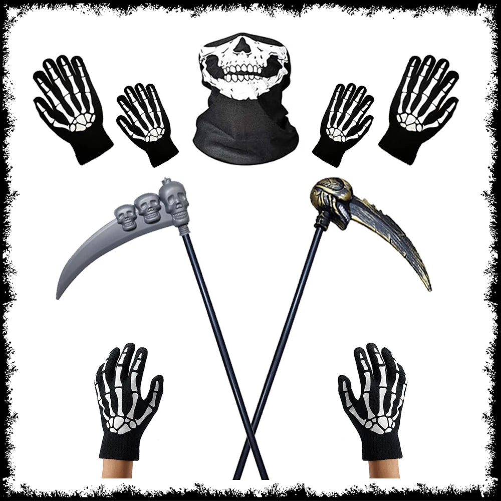 Halloween Horror Props Grim Reaper Cape, Skull Mask, Gloves, Scythe for Adults & Kids