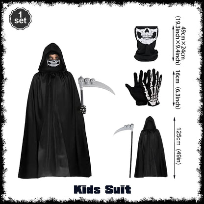 Halloween Horror Props Grim Reaper Cape, Skull Mask, Gloves, Scythe for Adults & Kids