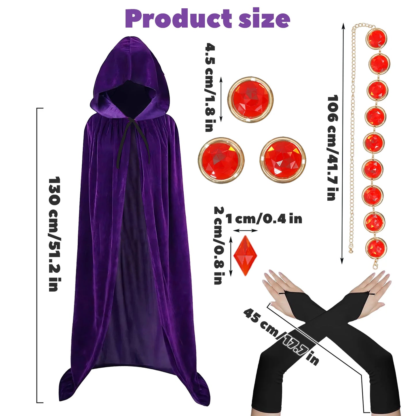 5PCS Purple Hooded Cloak, Women's Anime Cosplay with Red Gem Belt & Long Gloves