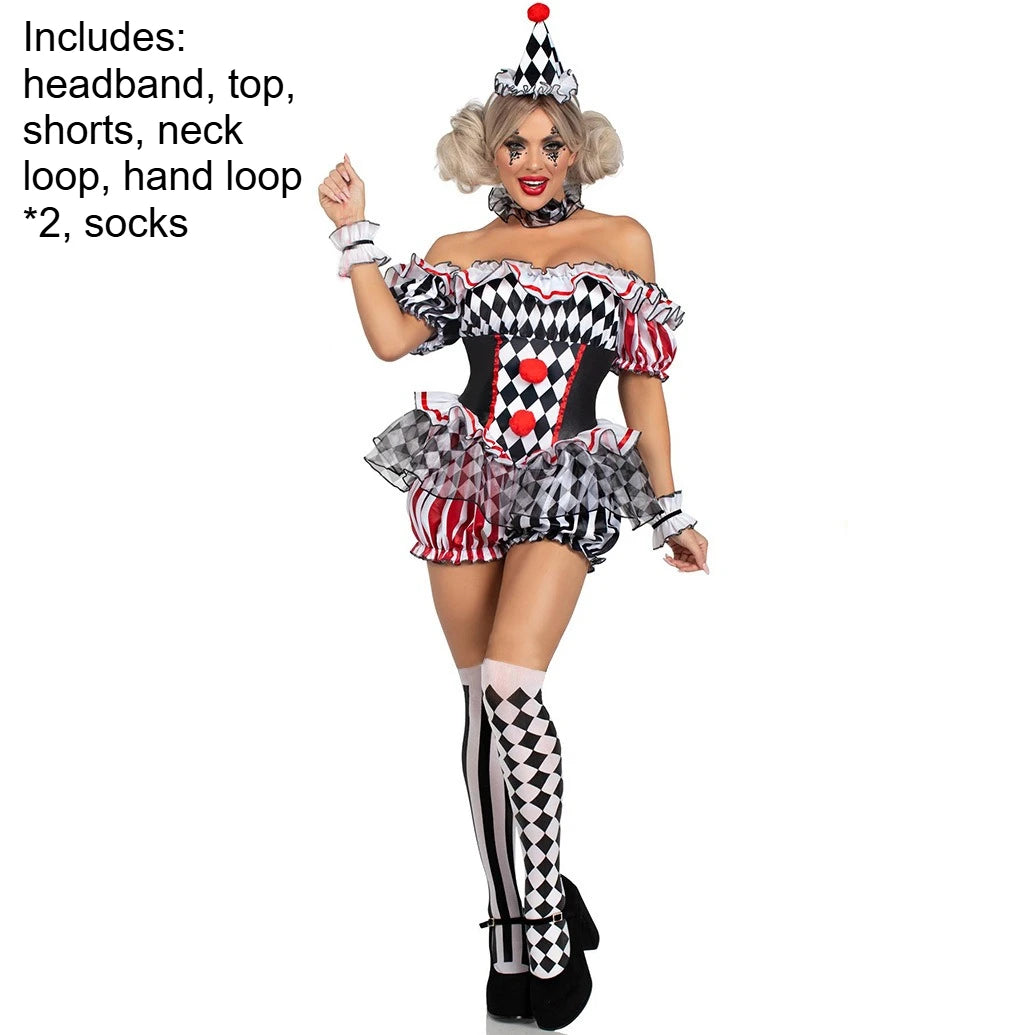 Women’s Clown Cosplay Costume, Halloween Circus Outfit, Stage Performance Dress