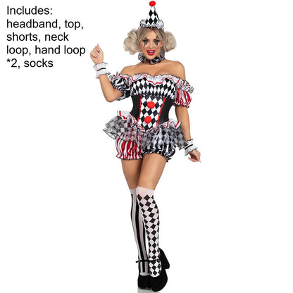 Women’s Clown Cosplay Costume, Halloween Circus Outfit, Stage Performance Dress