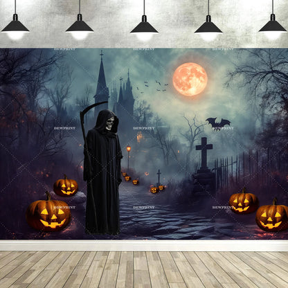 Halloween Backdrop with Horror Moon, Cemetery & Pumpkin Lantern for Parties & Photos