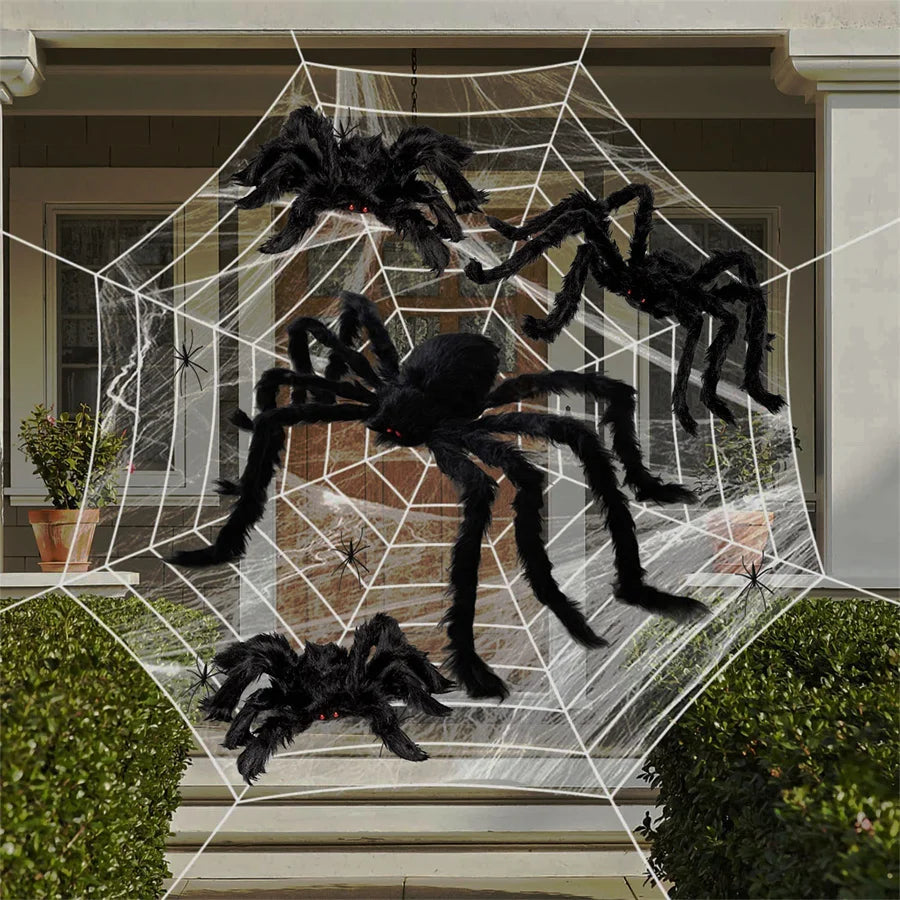 Giant Halloween Black Spider (30/90/150cm) with Web for Home & Haunted House Decor
