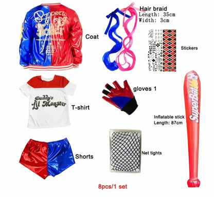Kids Harleen Quinzel Joker Cosplay Set, Party Outfit with Jacket, Pants & T-shirt
