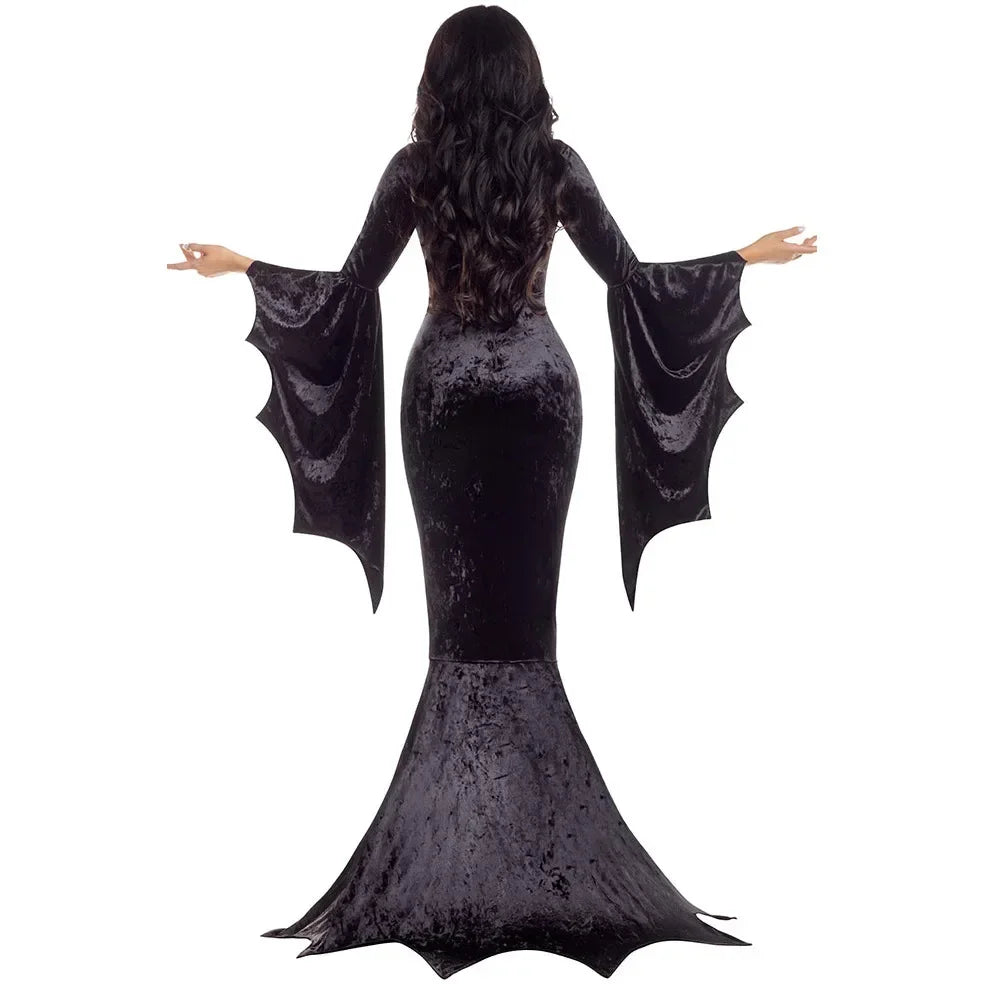 Morticia Addams Gothic Dress – Long Train Bat Sleeve Halloween Outfit