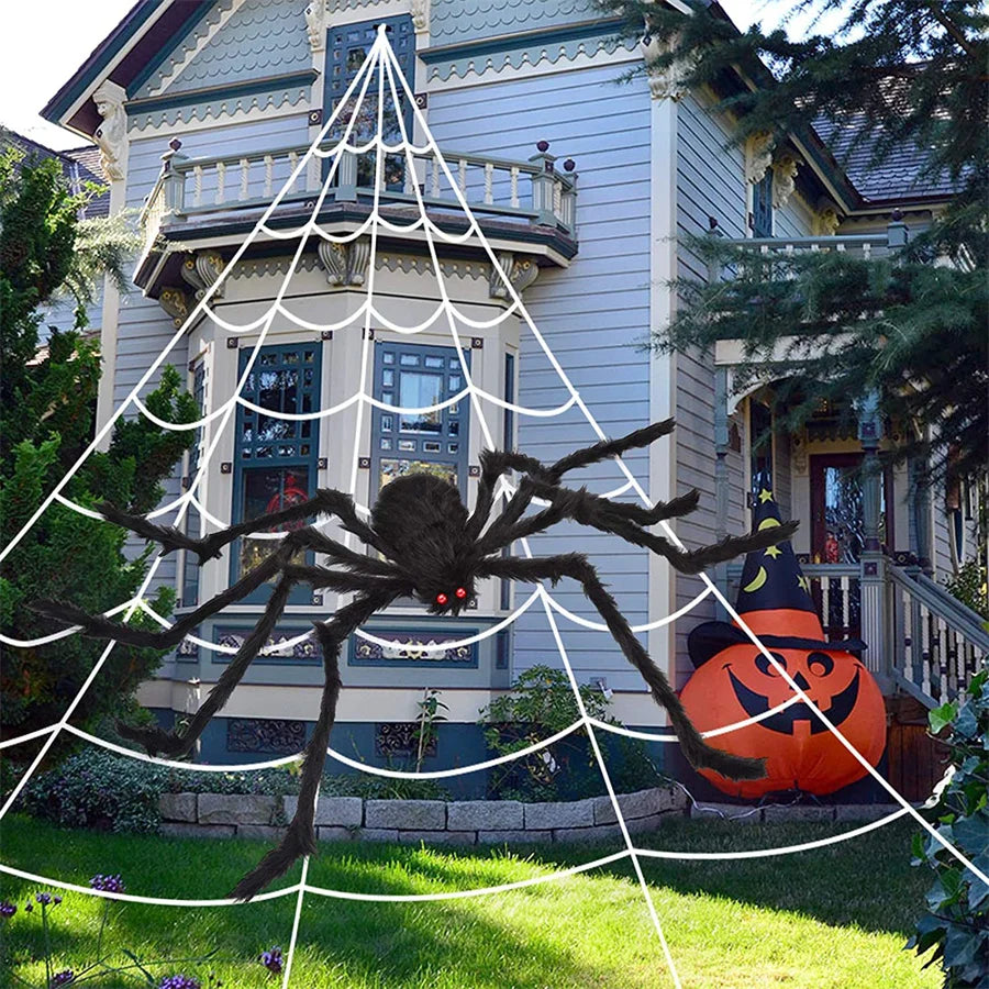 Giant Halloween Black Spider (30/90/150cm) with Web for Home & Haunted House Decor