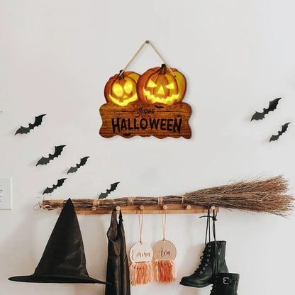 Light-Up Wooden Halloween Sign with Two Jack-O'-Lanterns for Home Decoration