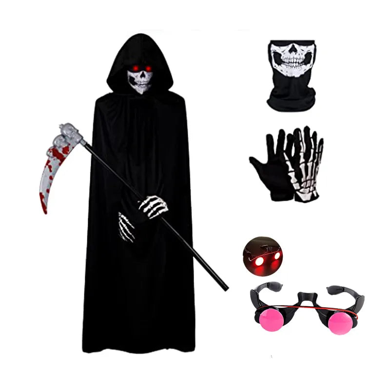Grim Reaper Costume for Kids – Glowing Red Eyes, Gloves & Mask