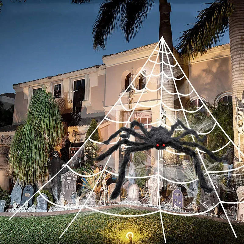 Giant Halloween Black Spider (30/90/150cm) with Web for Home & Haunted House Decor