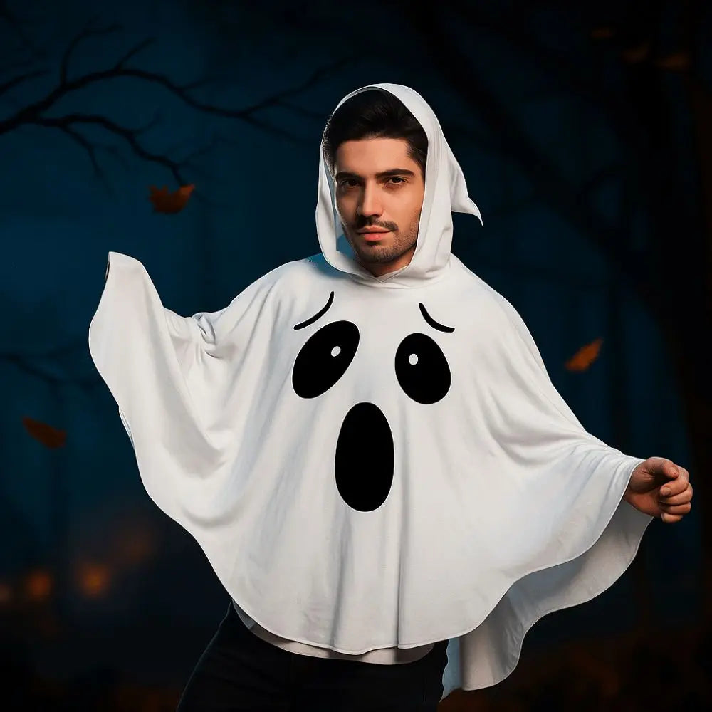 White Halloween Ghost Cloak, Spooky Trick-or-Treat Poncho with Hat